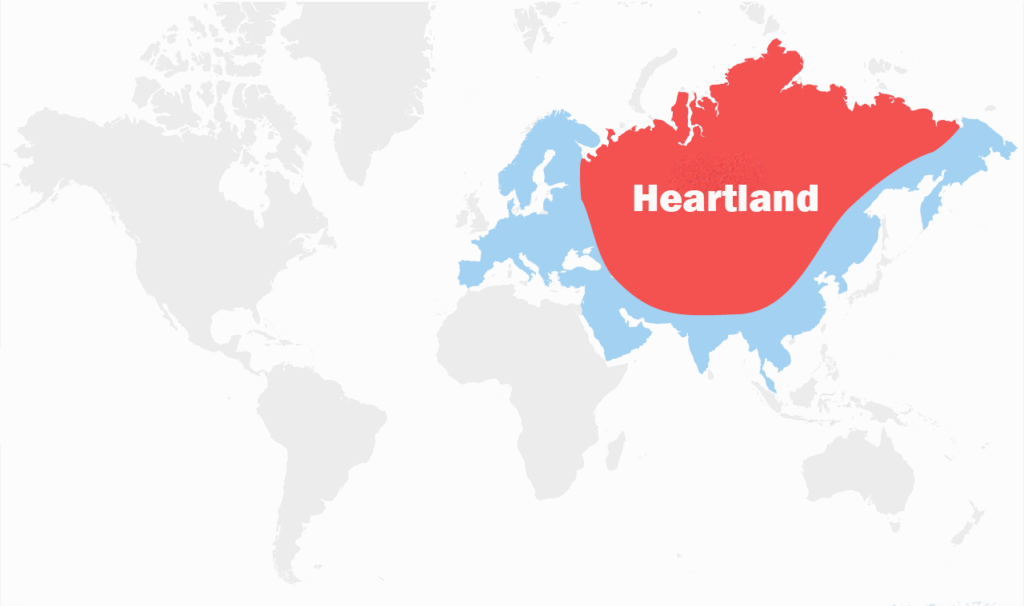 Carte indiquant le coeur de l'Eurasie, le Heartland, en rouge. Le Rimland, terres auxquelles les puissances de la mer ont accès.